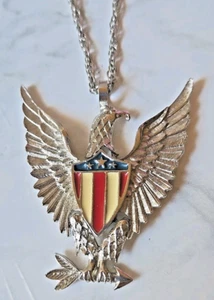 Vintage Red White Blue Enamel Flying Eagle Articulated Pendant 24" Necklace BOX - Picture 1 of 12