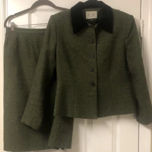 Le Suit Grün Tweed 2-Teiler Winter Herbst Rock Anzug Jacke Schwarz Samt Kragen 8P - Bild 1 von 22