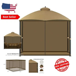Universal 12' x 12' Gazebo Replacement Netting with Double Zippers - Dark Brown - Picture 1 of 10