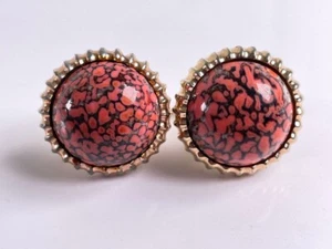 Hickok USA Cufflinks Round Orange Black Marbled Cabochon Stone w/ Gold Plate 1" - Picture 1 of 10