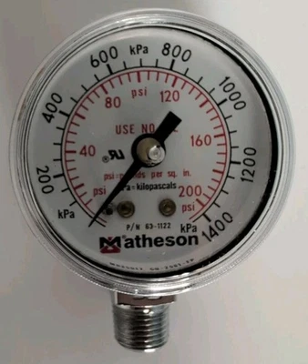Matheson Pressure Gauge | 0-200 PSI (1400 kPa) | 1-1/2" Dial | 1/8" NPT | NEW - Image 1 of 4