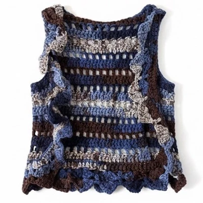 复古多色钩针编织奶奶背心波西米亚条纹开放式针织荷叶边 OSFM — 第 1/3 张图片