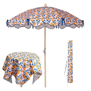 LAGarden Our Beach Umbrella Beech Wood Pole w/ Tablecloth Printed Lemon Tree - Picture 1 of 9