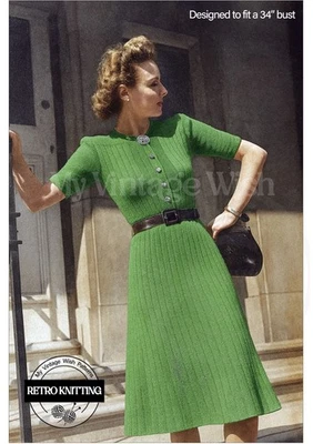 1940s Wartime Shirt Waist Dress Vintage Knitting Pattern Bust 34 - Image 1 of 3