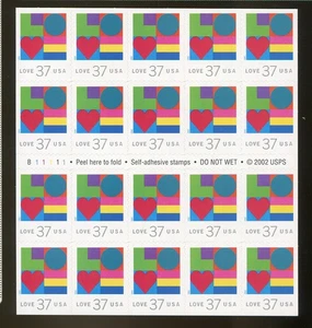 SFSTAMPS US Scott 3657a Love Geometric Booklet Pane of 20 Stamps 37c MNH 2002 - Picture 1 of 1
