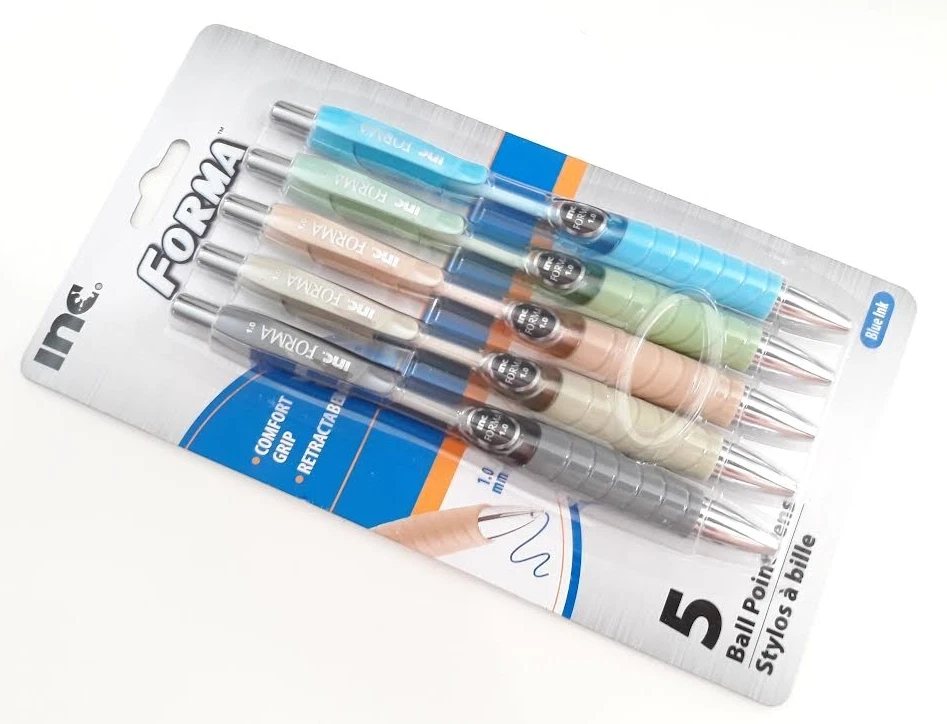 5 PENS 1 PACK INC® FORMA™ COMFORT GRIP RETRACTABLE BALL POINT PENS BLUE INK