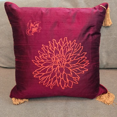 IOSIS PARIS Yves Delorme Designer 16" Embroidered Flower Butterfly Silk Pillow - Image 1 of 4