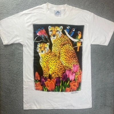 Vtg 90s Barbara Wallace Cheetah Flower Bird Art Tee Graphic T-Shirt M USA Made - Image 1 of 4