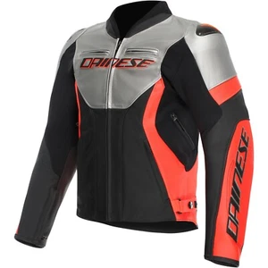 Men's Motorcycle Leather Jacket 50 - Dainese Racing 5 - Silver-Black-Fluorescent - Picture 1 of 9