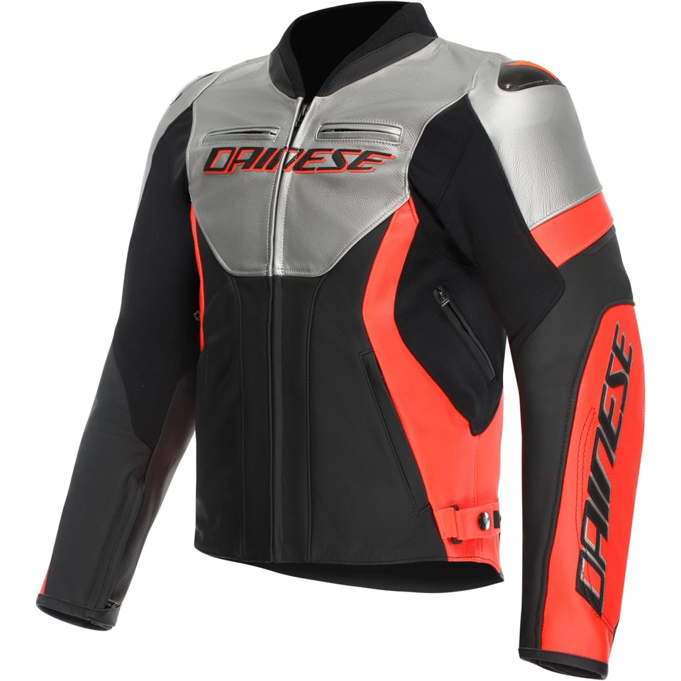 Men's Motorcycle Leather Jacket 50 - Dainese Racing 5 - Silver-Black-Fluorescent - Image 1 of 4