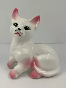 Vintage 5.5” White & Pink Ceramic Green Eyes Cat Kitten Kitty Bank - Picture 1 of 9