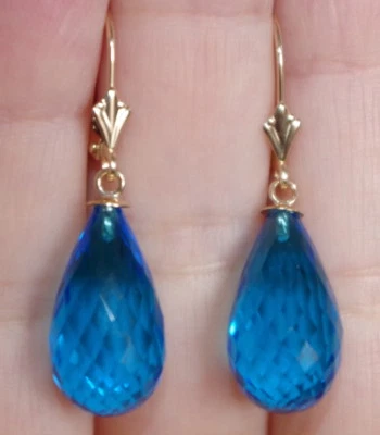 Pendientes de palanca de lágrima aguamarina facetada calidad gema 14K Foto 1 de 4