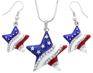 USA American Flag Star 4th of July Veteran Day Patriotic Earrings Necklace Set - Picture 1 of 2
