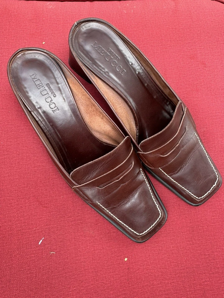 Mocasines de cuero Sesto Meucci Mule talla 7 1/2 suela de goma marrón de colección hechos en Italia Foto 1 de 4
