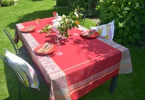 Jacquard Tablecloth Red 150x200 Cm With Olive Motif From France Easy Care - Picture 1 of 6