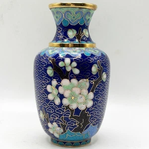 Vintage Cloisonne Enamel and Bronze Small Navy Blue Floral Vase (2.5") EUC - Picture 1 of 8
