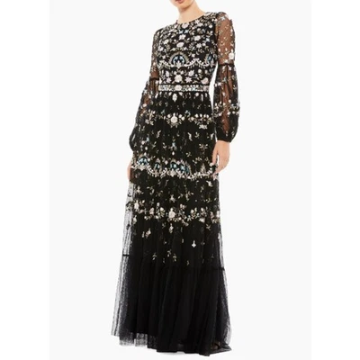 Vestido Mac Duggal Floral Adornado en Niveles Tul Borde con Volantes y Mangas Poeta 4 Foto 1 de 4