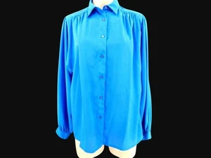 Vintage 80s Susan Hutton Blue Blouse 10 Shoulder Pads Gathered Long Sleeve - Picture 1 of 7
