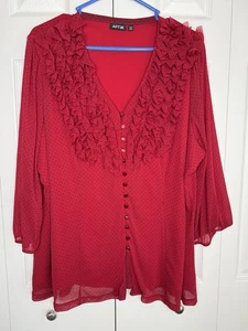 Ruffled Polka Dot Blouse Apt. 9 Semi Sheer V-Neck Button-up 3/4 Sleeve Sz 2x - Picture 1 of 9