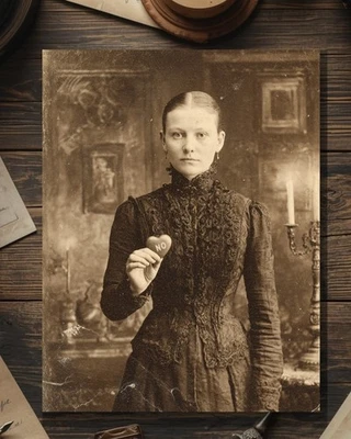 Vintage Victorian Woman Holding NO Heart Valentine Card Gothic Macabre Antique - Image 1 of 3