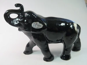 VINTAGE SYLVAC Elephant Figurine Trunk Up Good Luck With Sticker Gloss Black - Picture 1 of 4