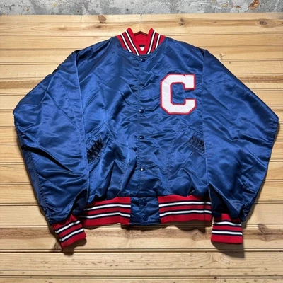 Vintage 80s Cleveland Indians MLB Snap Button Baseball Satin Bomber Jacket - XL - Image 1 of 4