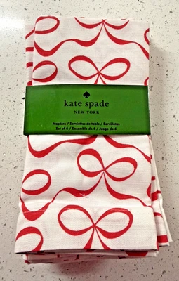 Kate Spade White Red Christmas Napkins Set of 6 All Wrapped Up Ribbon Bow 19x19" - Image 1 of 3