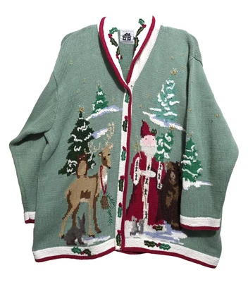 Vtg Storybook Knits 3X Cardigan Sweater Christmas Santa Deer Bear Woodland FLAWS - Image 1 of 4