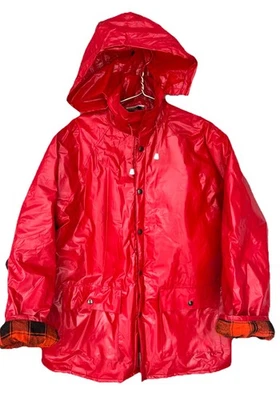 Vintage 80s Red PVC Vinyl Hooded Plaid 100 % Cotton Lined Slicker Raincoat Large - Image 1 of 4