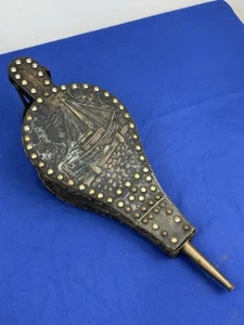 Vintage Holz & Leder BALGEN mit Messingfolie "Schiffsszene" funktionstüchtig - Bild 1 von 19