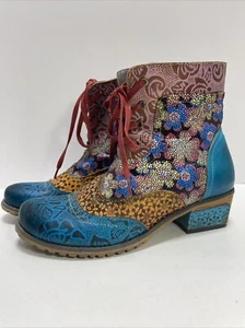 Gracosy Patchwork Ankle Boots Retro Bohemian Floral Size EU 42 - US 10-11.5 - Picture 1 of 8
