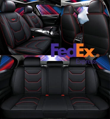 Black PU Leather Car Seat Covers Front & Rear Full Set Red Line For 5-Seats Car - Image 1 of 4