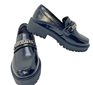 YETIER Platform Sz 7 Chunky Black Womens Loafers Silver Chain Slip-On Shoes NEW - Picture 1 of 13