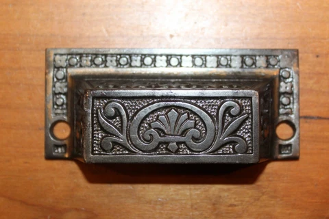 Antique Victorian Cast Iron Detailed Bin Apothecary Cupboard Drawer Pull L-8 Cover