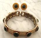 Vintage Earrings and Bracelet  - Gold Tone Metal with Black Cabochon Cut Stones