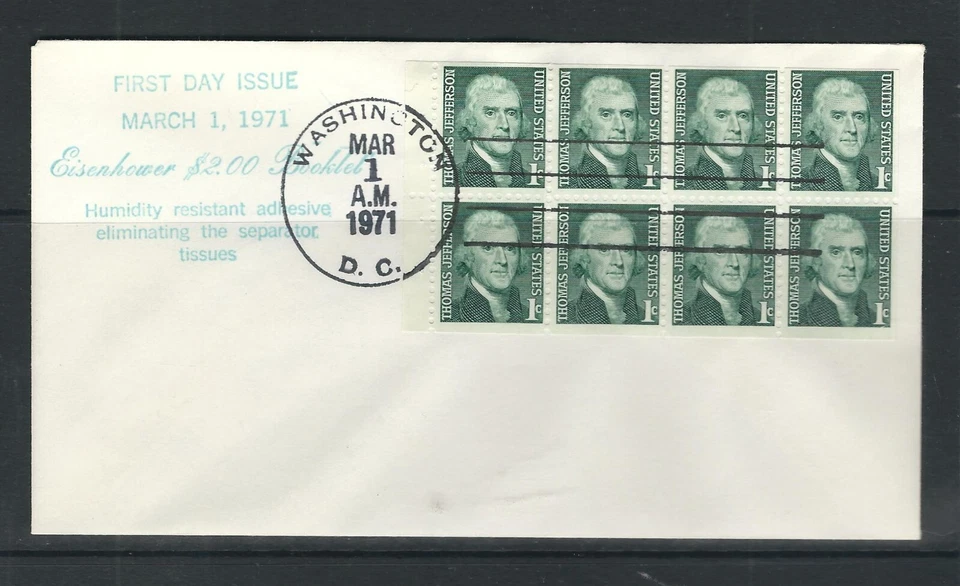 USA SC # 1278e Jefferson FDC Pane Of 8 , Variety Dull Gum . Cacheted cover..... - Image 1 of 1