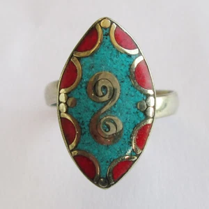 Anillo Redondo Ajustable Joyería Original Coral Rojo Turquesa Plata Tibetana R34 - Imagen 1 de 7