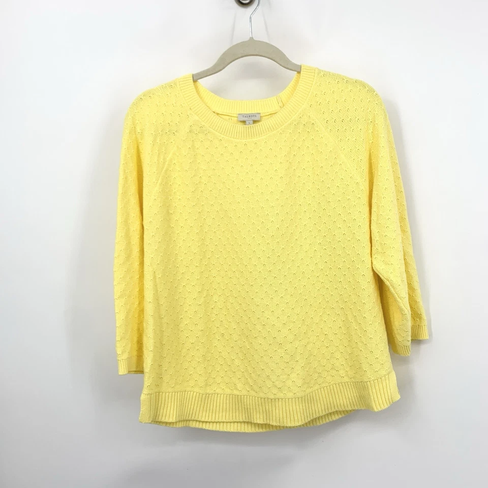 Talbots Women Size Large Sweater Yellow Eyelet Pullover Top 3/4 Sleeve Cotton - Image 1 of 4
