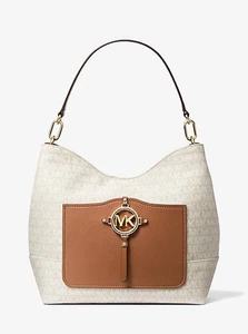 Michael Kors X4103 Natural MK Amy Large Logo Jacquard Shoulder Bag - Picture 1 of 5