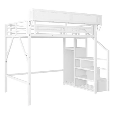 Metal Full Size Loft Bed W/ Stairs Storage Shelves High Loft Bed Wardrobe White - Image 1 of 4