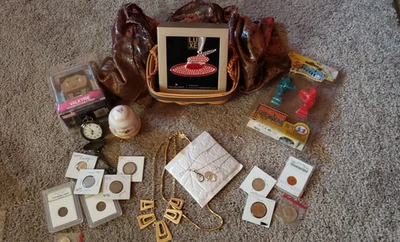 Junk Drawer lot coins silver jewelry longaberger basket red hat - Image 1 of 4