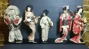 Vintage Set mit 5 japanischen Seidenbarkadenpuppen von Nishi viele getragene verschiedene Arten Posen - Bild 1 von 12