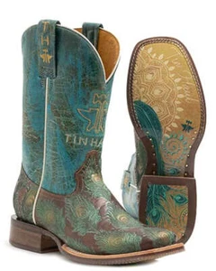 New! Tin Haul Women's FEATHER PLUME COWBOY BOOTS w/ Peacock Sole Size 8 9 10 11 - Picture 1 of 7