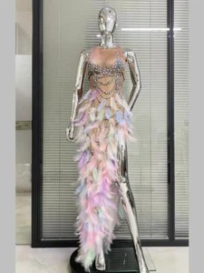 Mujeres Sexy Vestido Largo Brillante Pluma Sin Mangas Cuello Redondo Cena Fiesta - Imagen 1 de 15