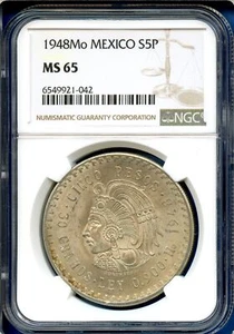 1948 Mo Mexico NGC MS65 Silver 5 Pesos S5P Cinco Pesos Cuauhtemoc MS-65 - Picture 1 of 3