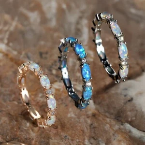 Silver Rose Gold Black Promise Engagement Wedding Opal CZ Zirconia Band Ring R70 - Picture 1 of 13