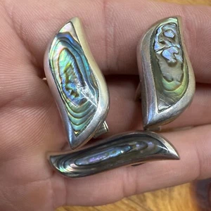 Vintage Mexico Sterling Silver Abalone Cufflinks And Tie Bar Signed Taxco - Picture 1 of 7