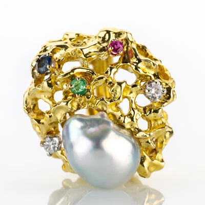 Ring (750er Gold) mit Perle und Edelsteinen - Bild 1 von 4