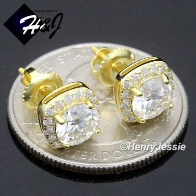 MEN 925 STERLING SILVER ICY MOISSANITE 8MM GOLD PLATED SQUARE STUD EARRING*ME265 - Image 1 of 4