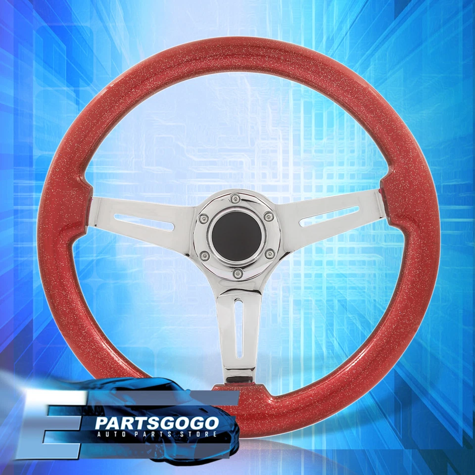 Universal JDM 350mm 14" Metallic Red Wood Chrome Steel Deep Dish Steering Wheel Foto 1 de 4